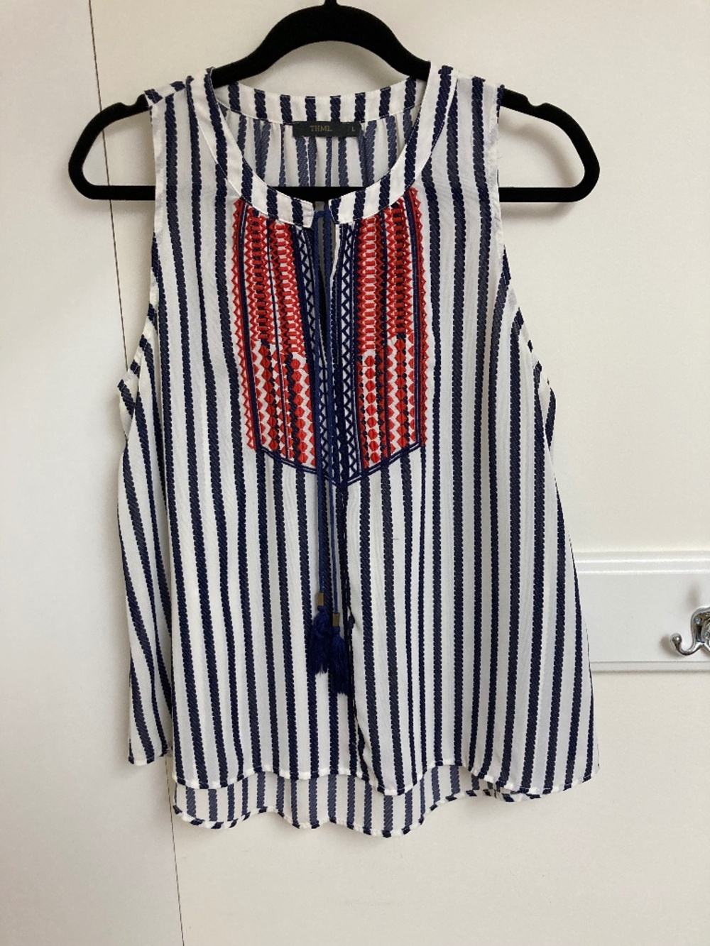 Boho sleeveless top, embroidery details, navy white and red